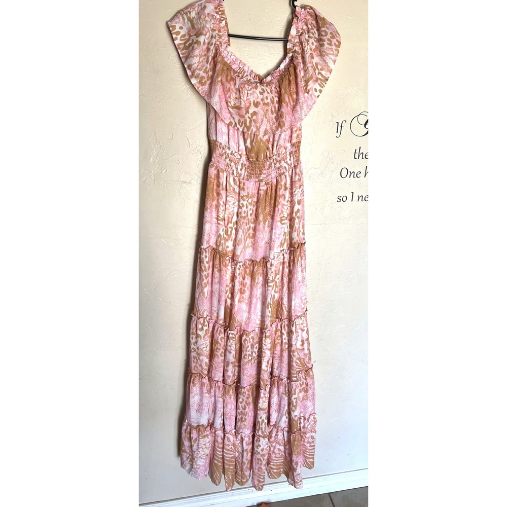 Peach Love California Pink Animal Print Smocked Tiered Maxi Dress S Bohemian